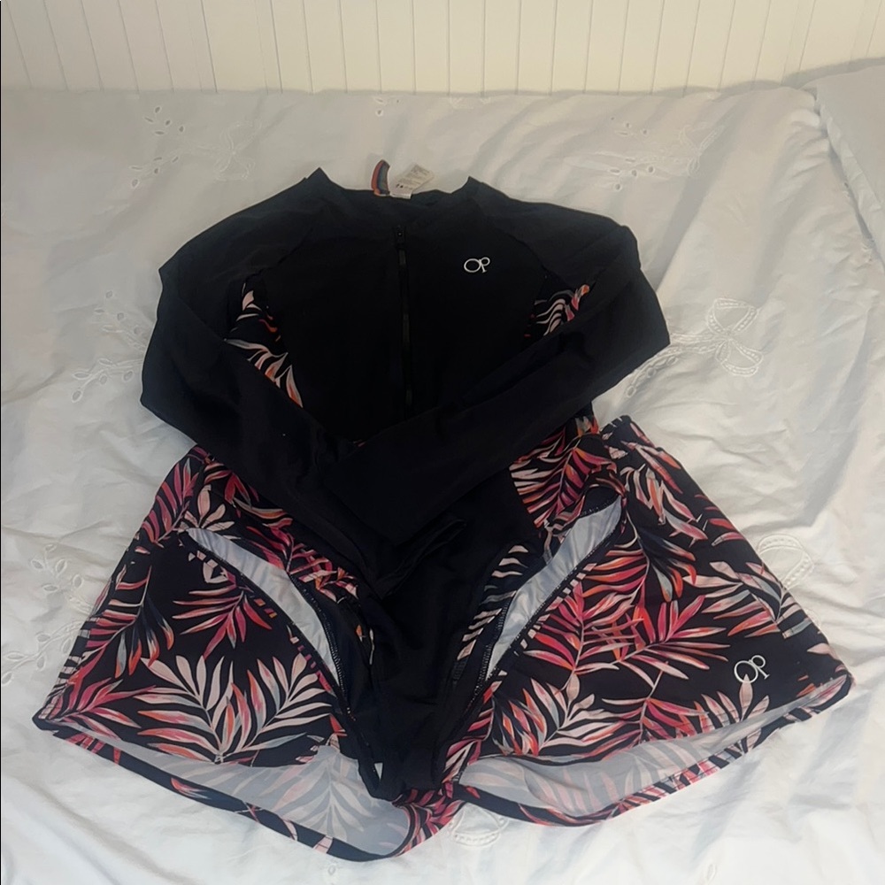 OP Women's Black and Pink Leaf Print Swimsuit